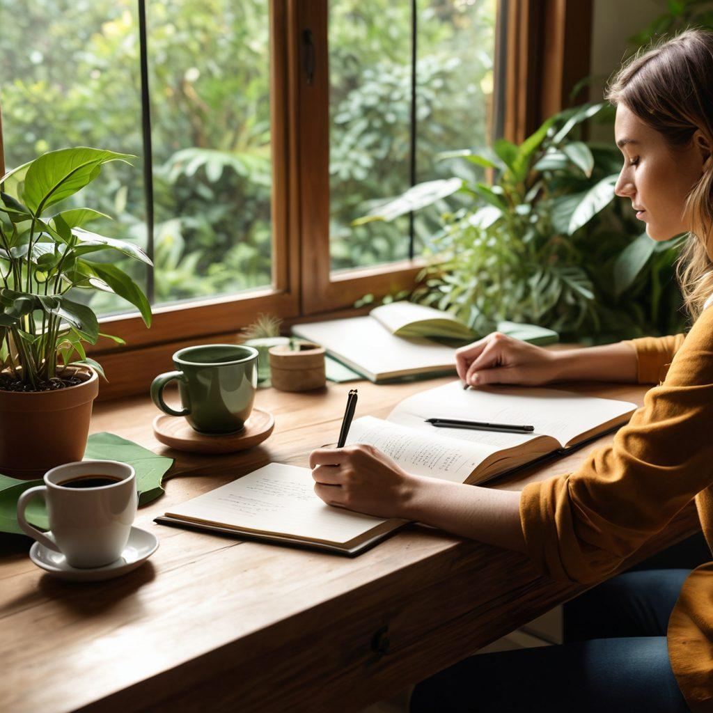 A person sitting at a cozy desk surrounded by plants, writing in a journal with a sparkling pen, soft sunlight streaming through a window, conveying inspiration and creativity. Include elements like a laptop, coffee cup, and colorful notepads for a vibrant atmosphere. warm colors. super-realistic.