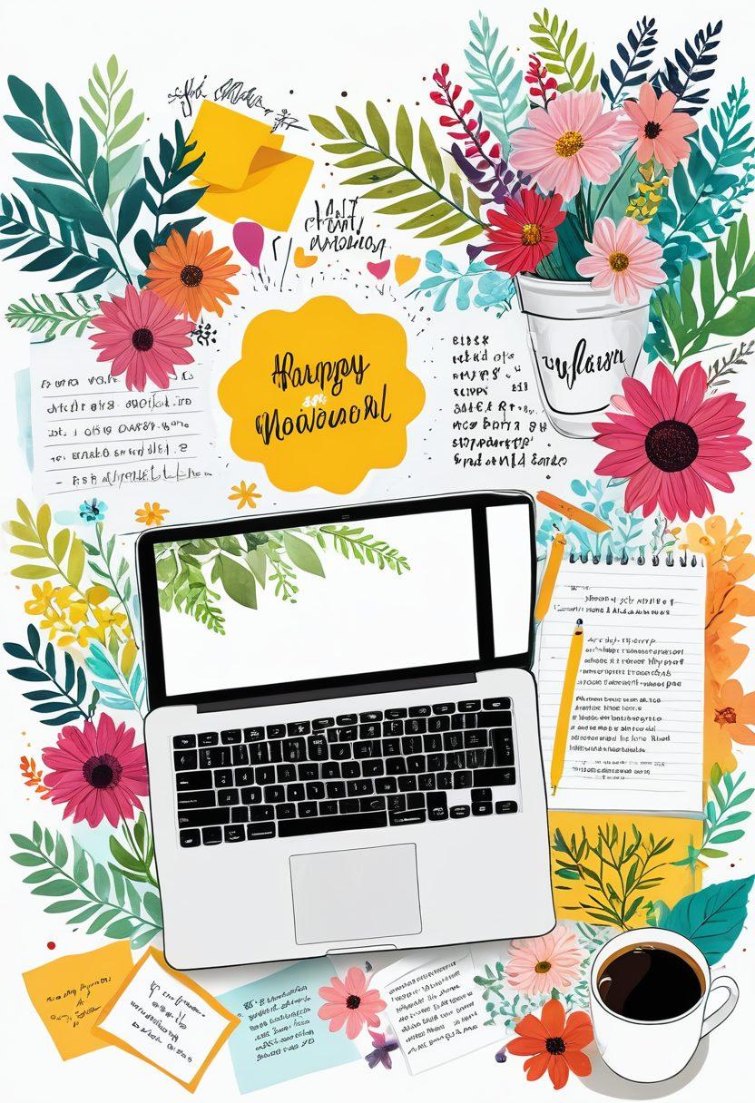 A whimsical, vibrant online diary layout showcasing an open laptop with colorful sketches and inspirational quotes around it. Include elements like a steaming coffee cup, sticky notes filled with ideas, and digital illustrations of nature and creativity. The background should be bright and energetic, symbolizing engagement and inspiration. playful, modern art style. vibrant colors. white background.